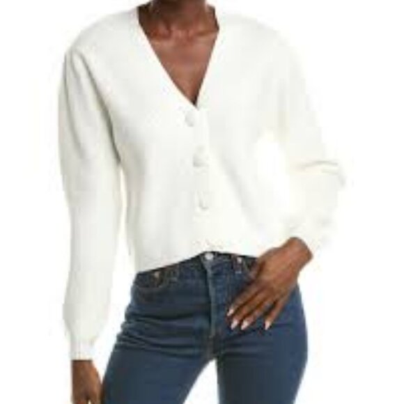 T Tahari Size L Off-White Pleated Blouson Sleeve Cardigan, Exc., Like New Cond. - Picture 2 of 13